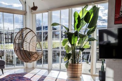 Udsigten er helt fænomenal fra stuen i villaen på Kollund Byvej 49 i Kollund. Her er der kig mod syd ud mod markerne, og der kommer både eftermiddags- og aftensol ind i stuen. Foto: Chresten Bergh