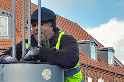 Medlemmer fra Videbæk Rotary Club beplanter kummerne i lygtepælene op til påske. Til maj skifter kummerne farve igen. Foto: Privatfoto