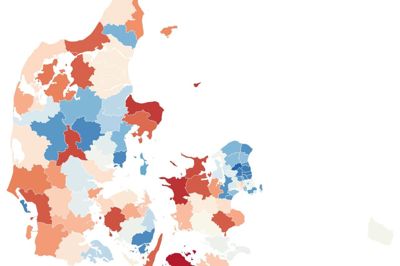Illustrationen viser, hvor stor procentandel af kommunernes borgere, der er lånere ved biblioteket. D es mørkere blå, des større er andelen. Grafik: Thor Ølgaard Hansen