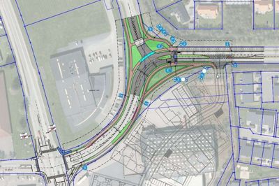 Sådan vil det nye kryds ved den udrettede Koustrup Allé se ud med nye cykelstier og ubetinget vigepligt fra Vejlevej. Cykelshunten på den sydlige side af krydset er udeladt i det kommende projekt.