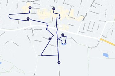 Flere end 10.000 deltagere begiver sig ud på fem-kilometeren til Royal Run i Herning, hvor de blandt andet skal forbi Herning Sky og igennem biblioteket. Kort: Royal Run