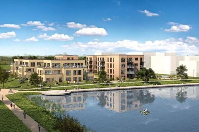 Fuglsang Allé er et kæmpe stort boligprojekt, som kommer til at bestå af 290 eje- og lejeboliger. Grunden er placeret lige mellem et grønt naturareal og søen, og tårnene placeres i forskudte klynger, så alle får udsigt til både det blå og grønne. ILLUSTRATION: FINK EJENDOMME