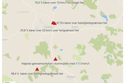 Grafen viser de områder i Herning Kommune, hvor Vejdirektoratet dokumenterer de største trafikproblemer, når det kommer til fartgrænser. Grafik: Thor Ølgaard Hansen