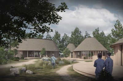 Det kommende FDF-kredshus skal bestå af et hovedhus med blandt andet en samlingssal samt yderligere fem mindre huse i form af læringsrum med hvert sit tema. Visualisering: Loop Architects