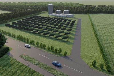 I Skibbild-Nøvling er det tanken at placere det kommende fjernvarmeanlæg ved Herningvej ved den østlige indkørsel til byen. Visualisering: Forsyning Danmark