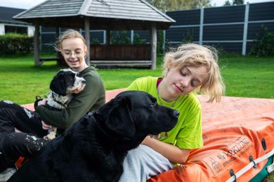 Alberte Birkkjær (t.v.) og Sofia Bach Laursen er glade for Ziggy (t.h.) og Zenta. De leger tit på hoppepuden - uden for billedet - og så hopper Zenta gerne med, mens Ziggy foretrækker at stå på sidelinjen og kigge på.