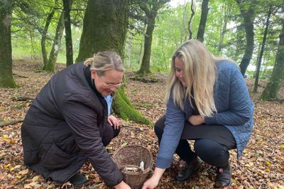 41-årige Christina Bak og 39-årige Sarah Andersen går til opgaven med at plukke svampe fra skovbunden med stor entusiasme - men ikke ret meget viden. De er stadig nye til at plukke i naturens eget spisekammer.