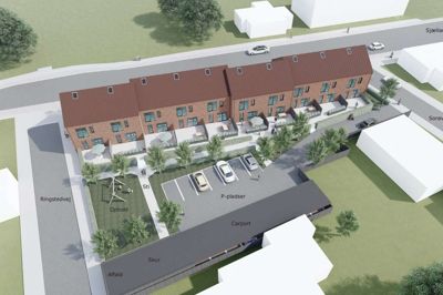 Lokal ejendomsudvikler har sammen med to andre planer om at opføre 10 rækkehuse på grunden på Ringstedvej, hvor den tidligere Kiwi-butik lå. Illustration: Arkitec
