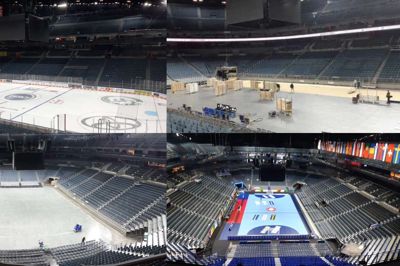På 48 timer skulle Lanxess Arena forvandles fra ishockeyhal til håndboldarena med plads til 20.000 tilskuere.
