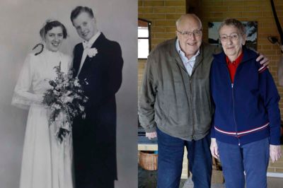 Det er de færreste par, som opnår 70 års ægteskab. Her ses parret Eva og Niels Erik Klemmensen, der onsdag 20. marts kan fejre jernbryllup. Det sort-hvide brudebillede er fra 1954, det andet taget i hjemmet i Herning i 2024.