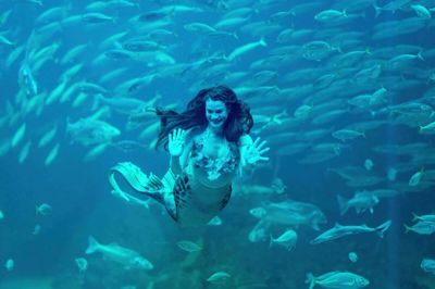 Karin Prehst Lund Madsen er uddannet skuespiller, men arbejder i dag primært som havfrue og formidler. Foto: Nordsøen Oceanarium