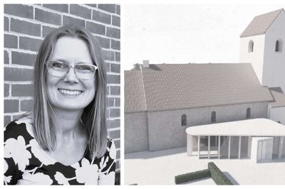 Charlotte Lindhardt og visualiseringen af det nye våbenhus.