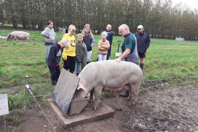 Mentor Ove Overgaard Villumsen fortæller eleverne, hvor meget soen Chili spiser. Fra venstre er det Matilde Valerio, Jannie Riis, Tristan Burhøj, Kian Nordentoft, Sophia Gosvig, Aura Bengtson, lærer Heidi Frederiksen, mentor Ove Overgaard Villumsen og pædagog Steffen Larsen.