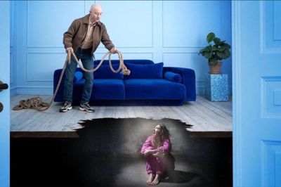 Mette Søndergaard Nielsen og Anders Budde Christensen er de to medvirkende i gæstespillet »Hold så kæft, Lars!«, som teatret Aveny T har lavet dette pressefoto til.