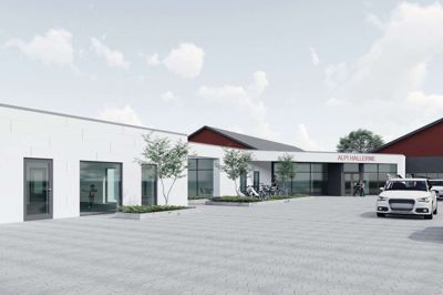 Med en tilbygning ud mod parkeringspladsen ved Alpi Hallerne kan der skabes 177 ekstra kvadratmeter til KLG Fitness. Visualisering: Arkitec