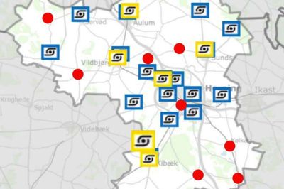 Herning Kommune får 12 nye flextur-knudepunkter. De er markeret med røde prikker. Det kommende knudepunkt ved sundhedshuset mangler på kortet.