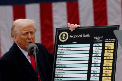 Listen var lang og procentsatserne høje, da Donald Trump i begyndelsen af april præsenterede sit udkast til nye toldsatser. De endte dog med at blive noget lavere. (Arkivfoto).