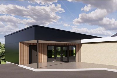 Den nye tilbygning til Ejstrupholm Hallen får sin egen indgang. Byggeriet kan begynde i uge 35 eller 36. Illustration: Ejstrup Consult