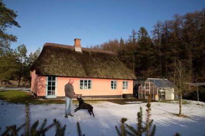 Peter Andersen har boet i sammenlagt 10 år i Skærbæk Plantage - de seneste tre år i det lille, stråtækte Valborghus, som han deler med sin labrador retriever Gandhi.