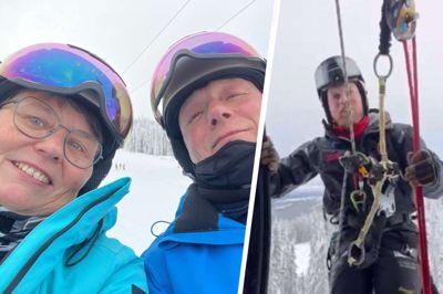 Trine Thomsen og Per Bertelsen tog oplevelsen i stiv arm - trods Trines højdeskræk. Her er de kommet ned på jorden igen og er på vej med snescooter til skicenteret.