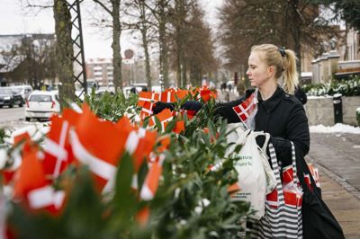 Maja Schlein Staal satte onsdag igen flag i blomsterkummerne foran den amerikanske ambassade. Det gjorde hun også tirsdag, men ambassadens folk pillede dem ned.
