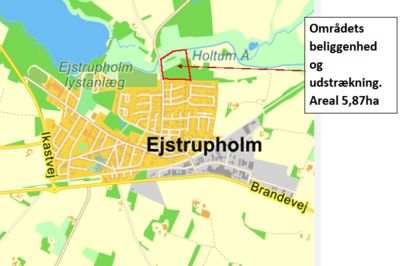 Et af de nye boligprojekter i Ejstrupholm kan ligge i et cirka seks hektar stort område tæt på Holtum Å, anlægget og Ejstrup Sø. Illustration: Bjarne Svejstrup