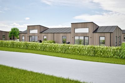 Midtjysk Albyg opfører fem af disse dobbelthuse i Rørkærparken i Aulum. De ventes at stå klar til september.