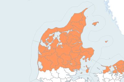 Der er forvarsel for snestorm og snefygning fra torsdag d. 12 februar kl. 00 til fredag d. 13 februar kl. 12: Illustration: DMI