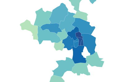Jo mørkere farve, jo dyrere er kvadratmeterpriserne. Det er specielt inde i Herning By og i Gullestrup, man skal betale meget for dem. Enkelte steder er der ikke data nok til at lave statistik, og de er derfor helt hvide.