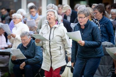 Der er sommerfællessang på plænen foran Bakkehuset igen. Sangerinden Tina Wiberg synger for, og hundredvis af ikastborgere sidder i deres medbragte klapstole og synger med.