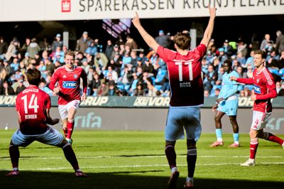 Jubel hos Silkeborg IF efter Andreas Poulsen scorede i Randers. Foto: Mikkel Berg Pedersen/Ritzau Scanpix
