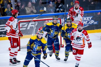 Fra en position uden for billede har Kasper Larsen sendt pucken i mål til 2-0. Valdemar Bilgrav (nummer 26), Lasse Bærentsen (24) og Martin Eskildsen er på vej ud for at juble med backen.
