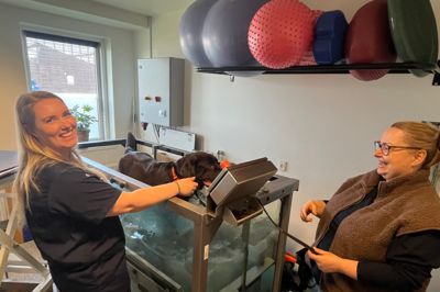 Enzo sprang sidste år sit korsbånd under en leg. Hunden blev opereret og har efterfølgende fået genoptræning i en såkaldt water walker. Et vandløbebånd. Hundeejer Emma Jensen (i brun vest) fortæller, at træningen har gjort en mærkbar forskel i Enzos bevægelighed og trivsel. En besked veterinærsygeplejerske Christine Blaabjerg er glad for, men som ikke kommer som den store overraskelse for hende.