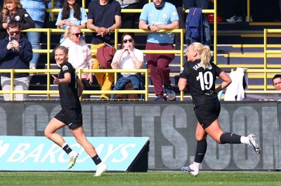 Olivia Møller Holdt (t.v.) jubler efter sin scoring mod Manchester City i sidste weekend.