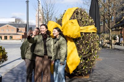 På kun to dage er dette påskeæg blevet skabt og dekoreret på Torvet, så de forbipasserende kan tage en påske-selfie. Det er blomsterdekoratører fra »by Fromberg« i Bredgade, som står bag, og de benyttede selvfølgelig muligheden for selv at blive foreviget ved ægget. Fra venstre: Charlotte Agerholm Jensen, indehaver Sarah Hall og Emilie Jakobsen.