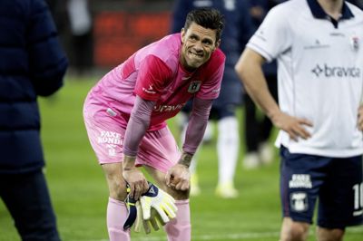AGFs målmand Jesper Hansen reagerer efter kampen mellem FC Midtjylland og AGF i superligaens mesterskabsspil på MCH Arena i Herning mandag den 20. april 2026. (Foto: Bo Amstrup/Ritzau Scanpix)