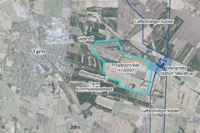 Det er i det markerede område, at der kan være et stort datacenter på vej - projektudviklere har sendt en ansøgning til Ringkøbing-Skjern Kommune.