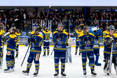 Blue Fox har leveret en fremragende sæson. Her takker holdet for opbakningen i den første finalekamp mod Herlev Eagles, der blev vundet 3-1.