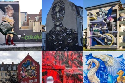 Seks kunstnere er udvalgt til at skabe et gavlværk til midtby. Her er eksempler på tidligere værker fra Eske Touborg, Esther Sarto, Bond Truluv, Emilie Klint, Quang Ramsing og Anna Kathrine Trads.