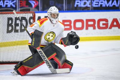 Kristers Steinbergs har tilbragt de seneste tre år i svensk ishockey. Her er han i aktion for sin tidligere klub, Brynäs. Efter sommerferien tørner han ud for Aalborg Pirates.
