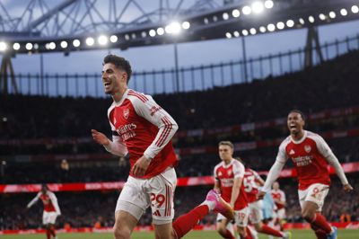 Matchvinder Kai Havertz jubler, efter at han i første halvleg har headet Arsenal i front.