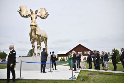 Den svenske konge trækker klædet af en større skulptur af en elg ved en fejring af Sveriges nationaldag på Skokloster Slot.