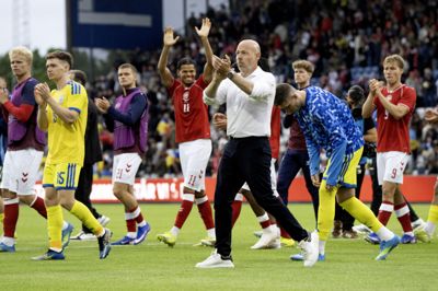 Brian Riemer takker tilskuerne, efter kampen mod Ukraine blev stoppet.