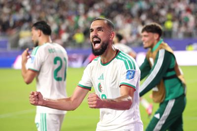Amine Gouiri fejrer sejrsmålet i 2-1-sejren over Jordan.