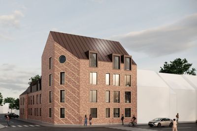 Illustration af Arbejdernes Byggeforeningens projekt med 16 boliger på det nordlige hjørne af Borgergade og Sportsvej. Muligheden for at hele ejendomme skulle være i tre etager har været drøftet med kommunen. Byggeforeningen ønsker at holde fast i, at ejendommen skal være i fire etager mod Borgergade og trappe ned til to etager på Sportsvej for at tage hensyn til den nærmeste nabo.