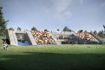 Sweco har tegnet dette forslag til en ny bygning med omklædningsrum, fælleslokaler og tribune på Søholt. Illustration: Sweco Architects