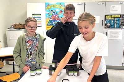 Nutidens skoleelever er åbenbart ikke bange for at prøve nye fødevarer. Her er det fra venstre Bertil Vase Damgaard, Magnus Topbjerg Nielsen og Ida Julsgaard Damgaard, der spiser ristede melorme.