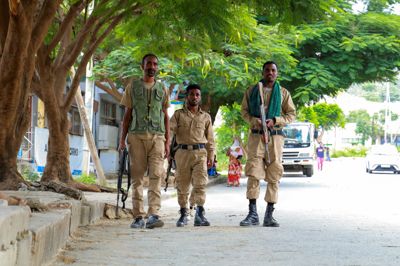 Medlemmer af oprørsstyrkerne i Tigray patruljerer på en vej i Mekelle i Tigray, efter at kampe er brudt ud mellem oprørerne og regeringsstyrkerne i Etiopien.