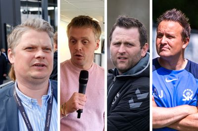 Fire åbenmundede mænd - SIK-direktør Rasmus Brandhof, sportschef John Dyring, andetholdstræner Michael Henriksen og førsteholdstræner Anders Jensen.