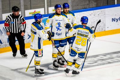Kaptajn Morten Poulsen (i.m.), der her jubler med Kevin O'Neil, Oliver Kiljunen og Emil Kristensen under en sejr i sæsonen, ser et stort udviklingspotentiale i den nuværende Blue Fox-trup.